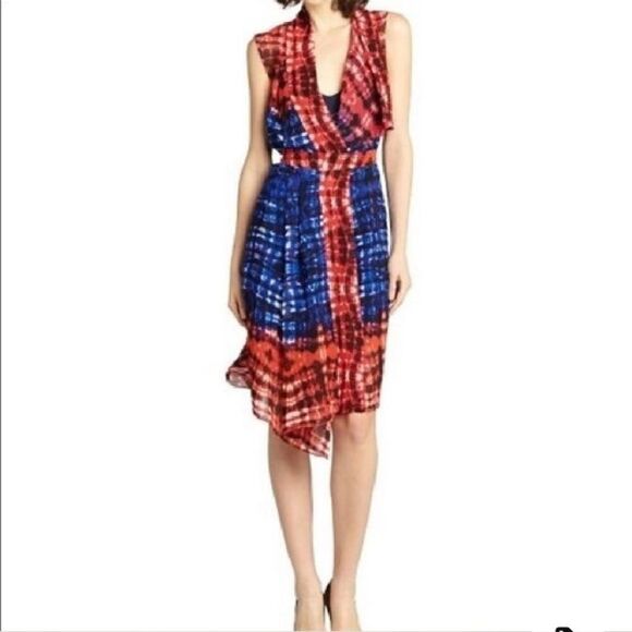 BCBGMAXAZRIA Isla Silk Persian Red Asymmetrical Self Tie Sleeveless Wrap Dress - Picture 10 of 12